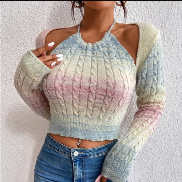 Ombre Long Sleeve Cold Shoulder Halter Crop Top Sweater - Picture 6 of 6